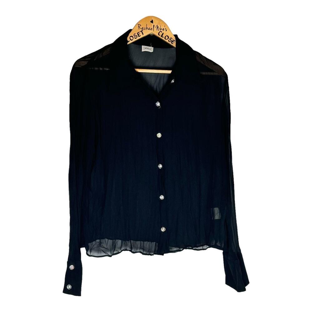 Vintage Love Amour Sheer Black Button down french cuff blouse top Large